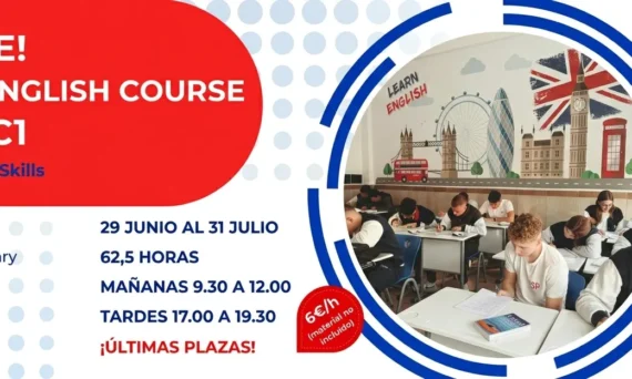 Banner promocional del curso intensivo de inglés para niveles A2 a C1 en Your English Time Valencia, mostrando información sobre horarios, fechas y datos de contacto.