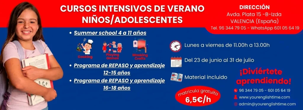 Cartel de los cursos intensivos de verano de inglés para niños y adolescentes en Your English Time, Valencia, con información de contacto y horarios.