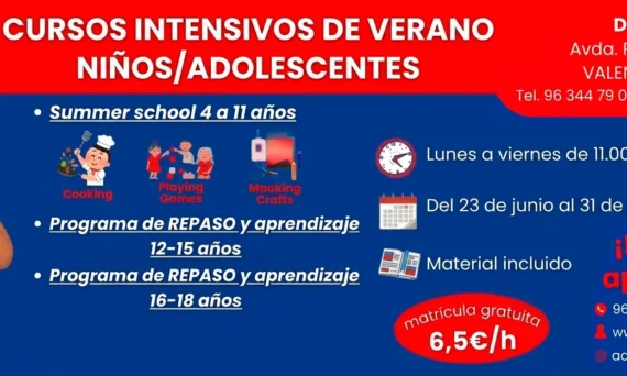 Cartel de los cursos intensivos de verano de inglés para niños y adolescentes en Your English Time, Valencia, con información de contacto y horarios.