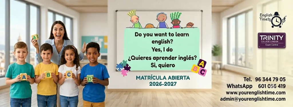 Cartel informativo de matrícula abierta 2026-2027 para clases de inglés en academia Your English Time.